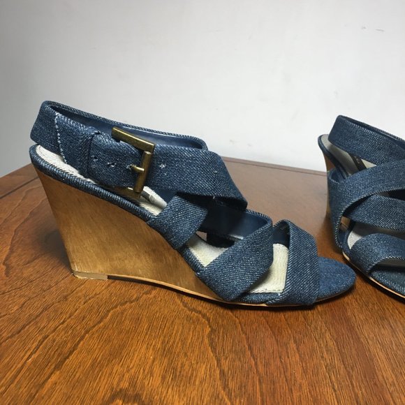 ZARA Denim High Heel Sandals Wood Heel - Picture 3 of 4